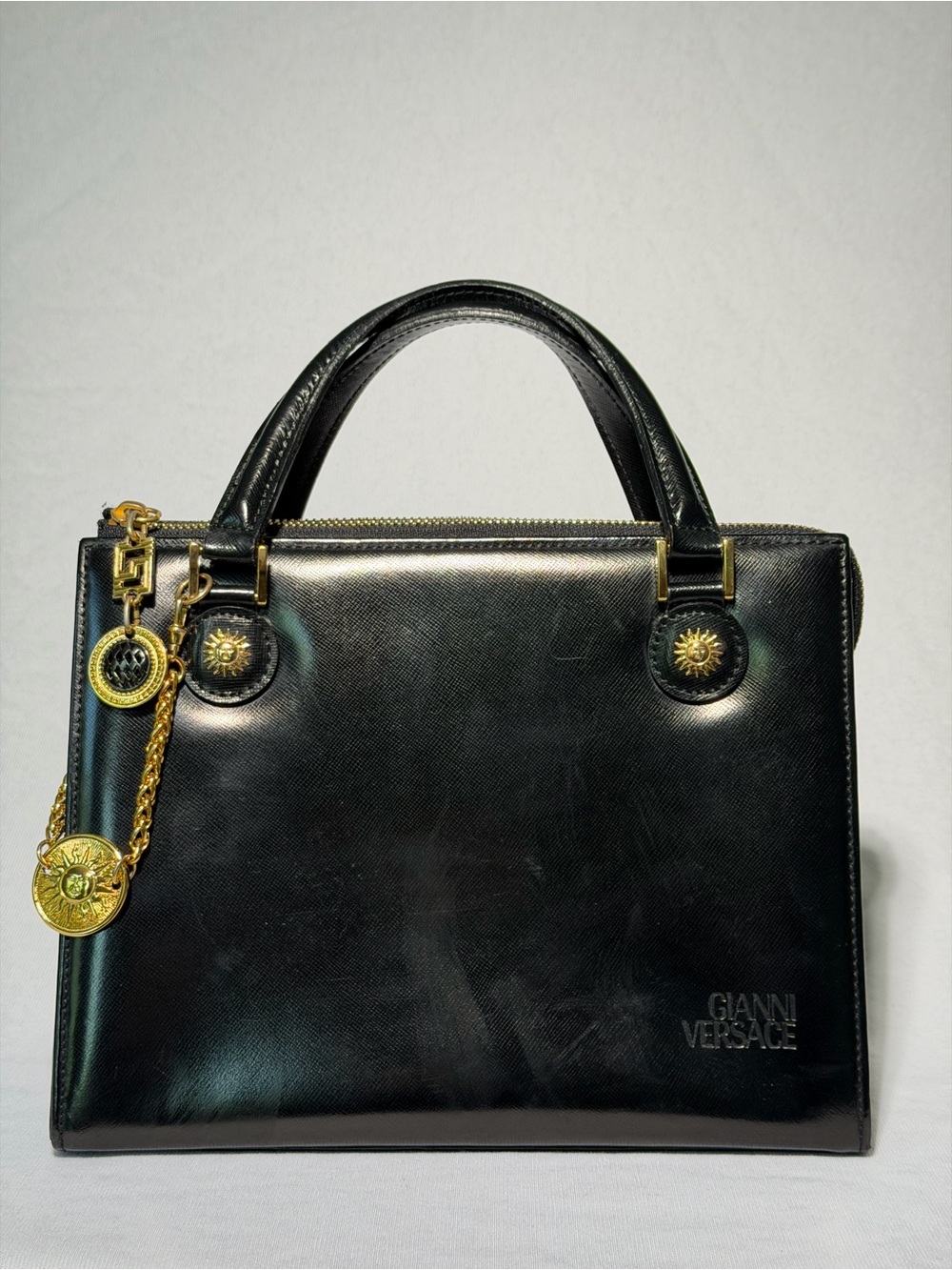 Vintage Gianni Versace Black Leather Medusa Sun Charm Bag